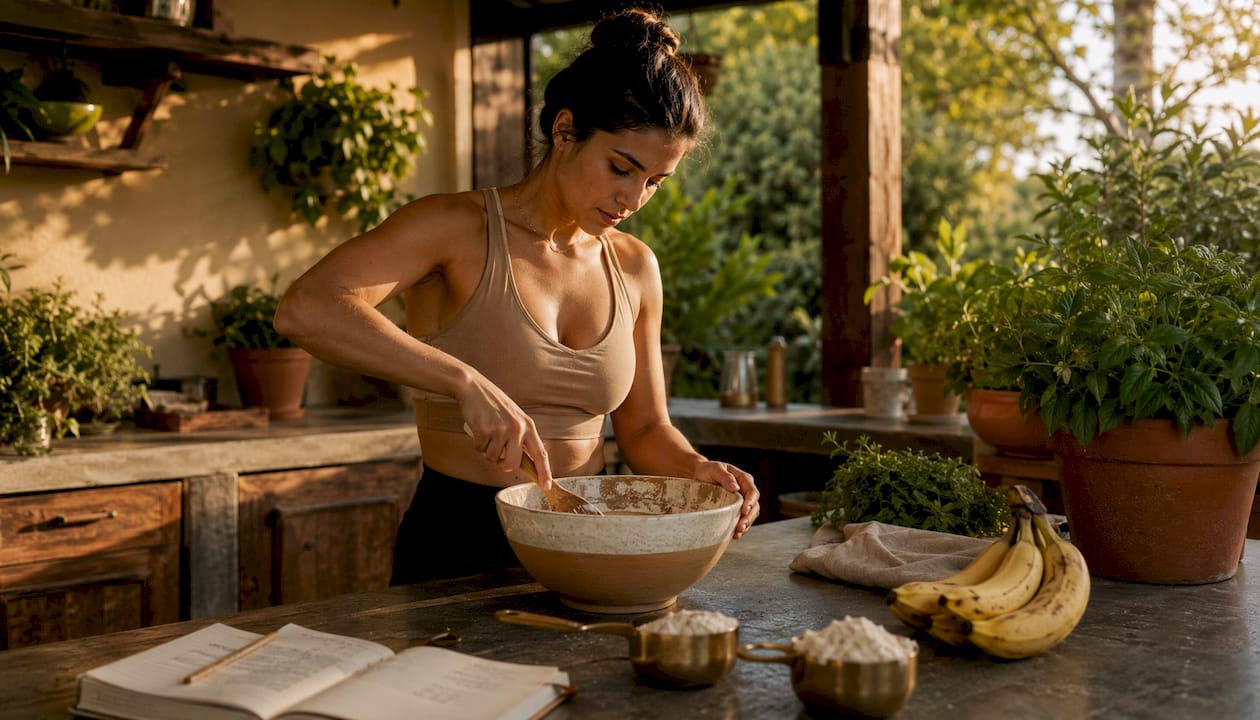 Woman preparing high-protein banana bread at home kitchen