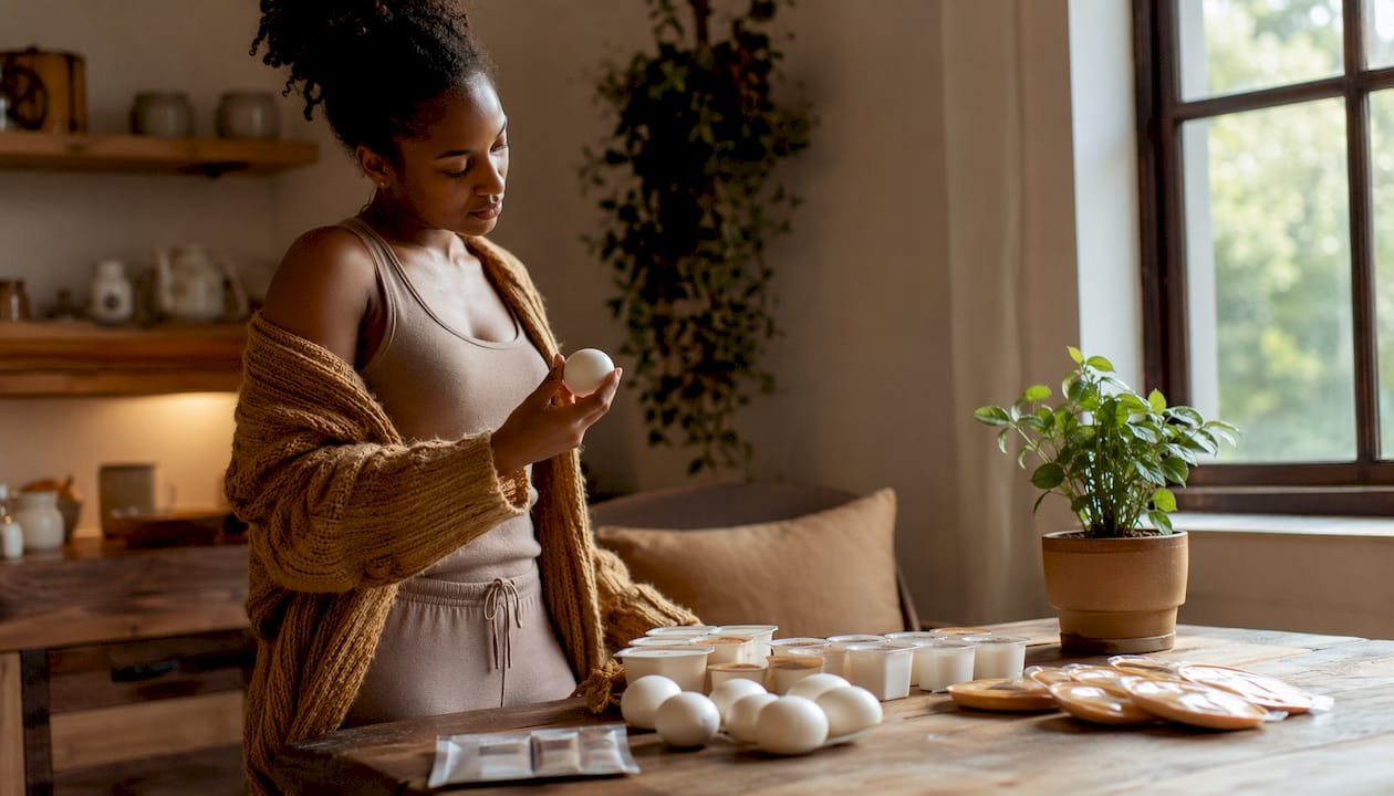 Woman choosing protein snacks in kitchen