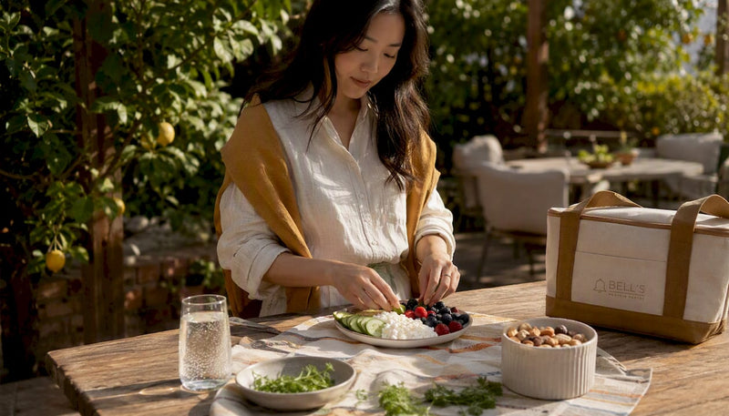 Woman preparing high satiety snack at kitchen island