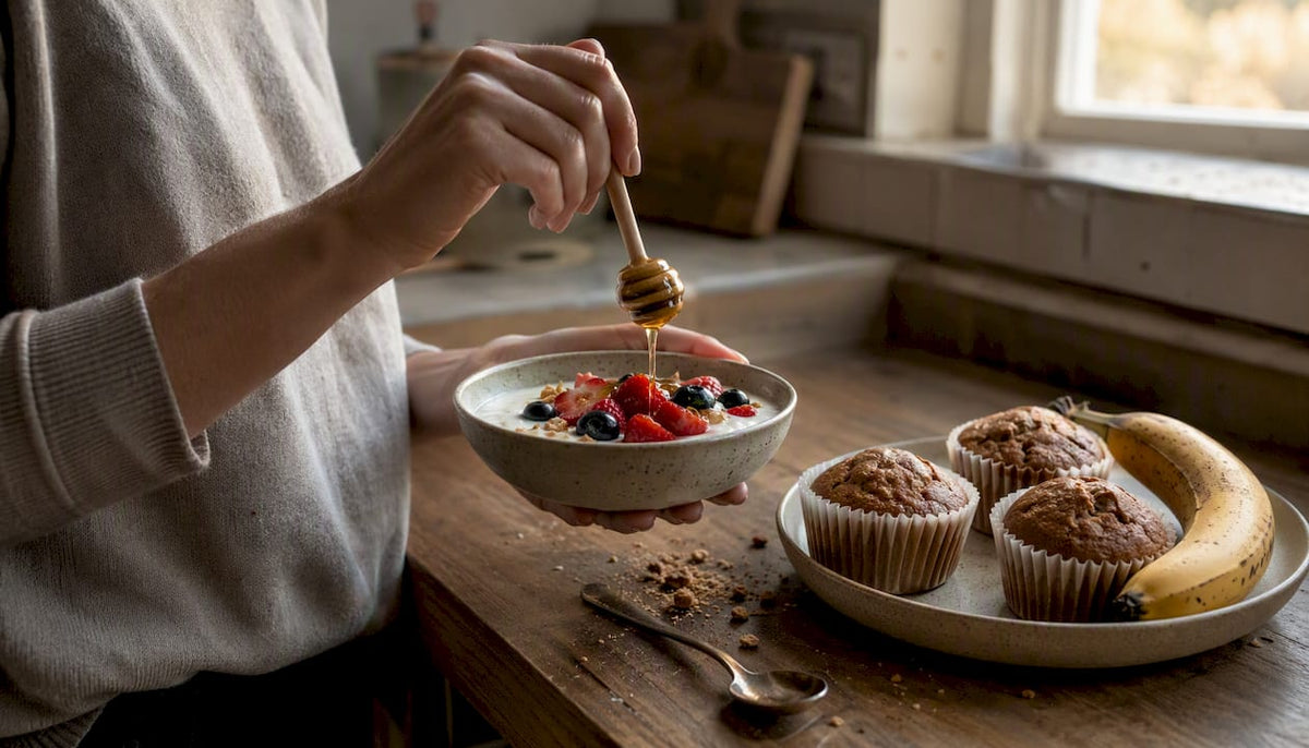 Hands preparing protein-rich recovery meal with yogurt and muffins