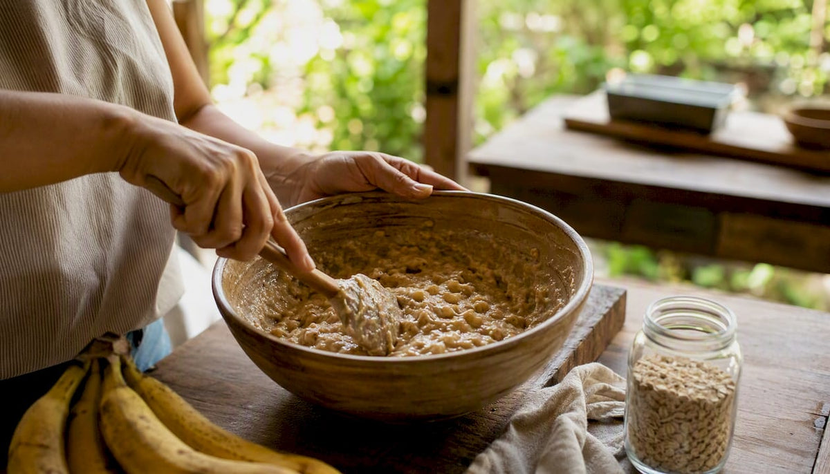 Hands stirring banana bread batter in a warm kitchen