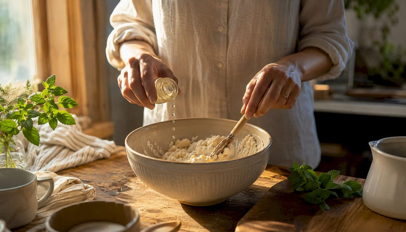Hands pouring natural flavor extract into bowl