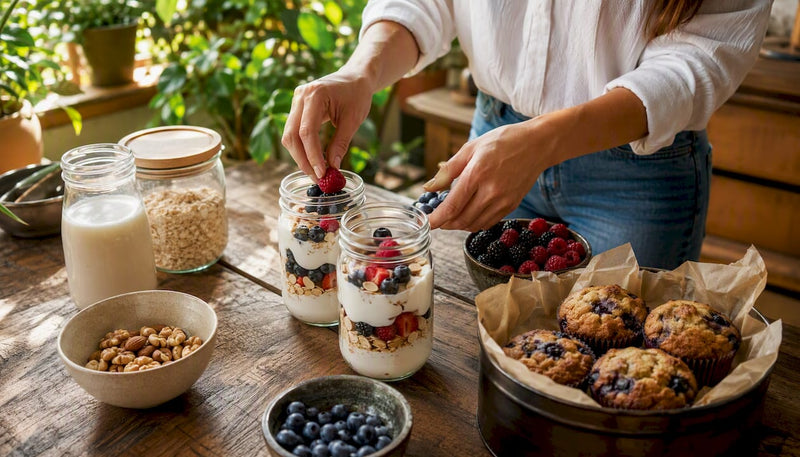 Hands preparing high-protein snacks on kitchen counter