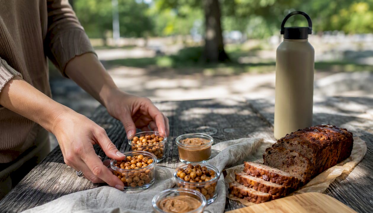 Hands assembling high-protein work snacks
