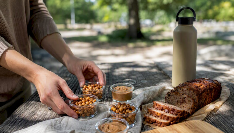 Hands assembling high-protein work snacks