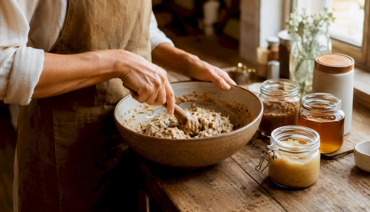 Hands mixing baking batter with natural sweeteners