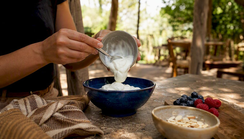 Hands assembling high-protein breakfast bowl without eggs
