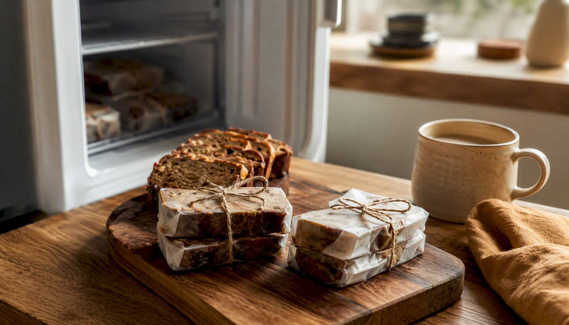 Wrapped banana bread slices near freezer