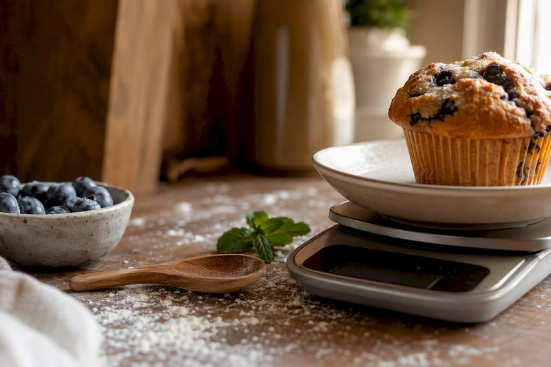 Blueberry muffin on kitchen scale with blueberries