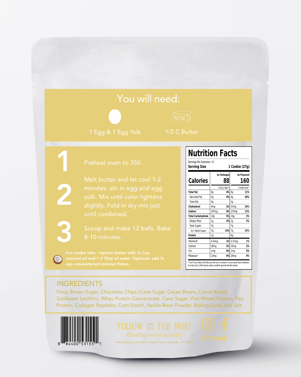 Back view of a white stand-up pouch of baked dough balls with a pale yellow label, showing preparation instructions, nutrition facts, ingredients, and social media details.