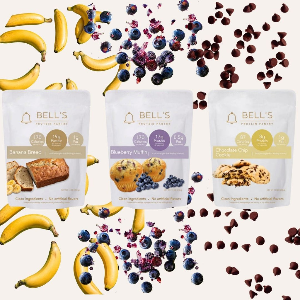 Bell's Protein Pantry packaging on a background with bananas, blueberries and chocolate chips.