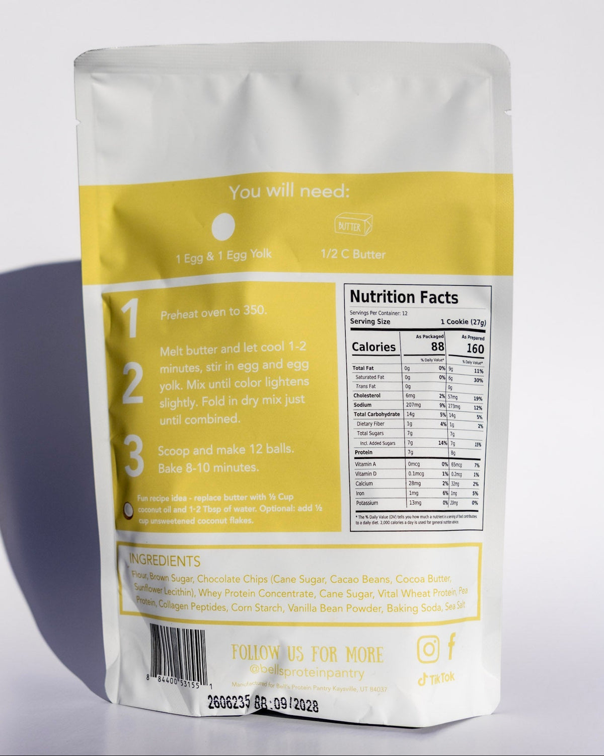 A stand-up pouch of coffee beans with a white and yellow label showing the brewing instructions and nutrition facts, photographed on a light gray background.