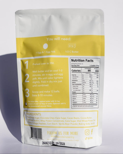 A stand-up pouch of coffee beans with a white and yellow label showing the brewing instructions and nutrition facts, photographed on a light gray background.