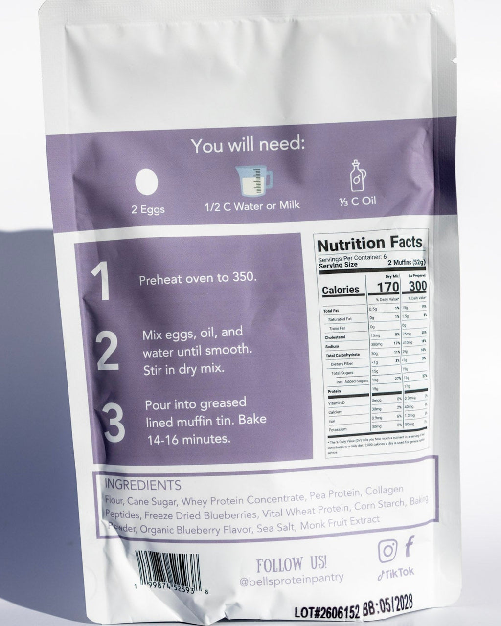 The back of a white and purple stand-up pouch for a protein powder or meal replacement product, showing preparation instructions, nutrition facts, ingredients, and a barcode on a clean white background.