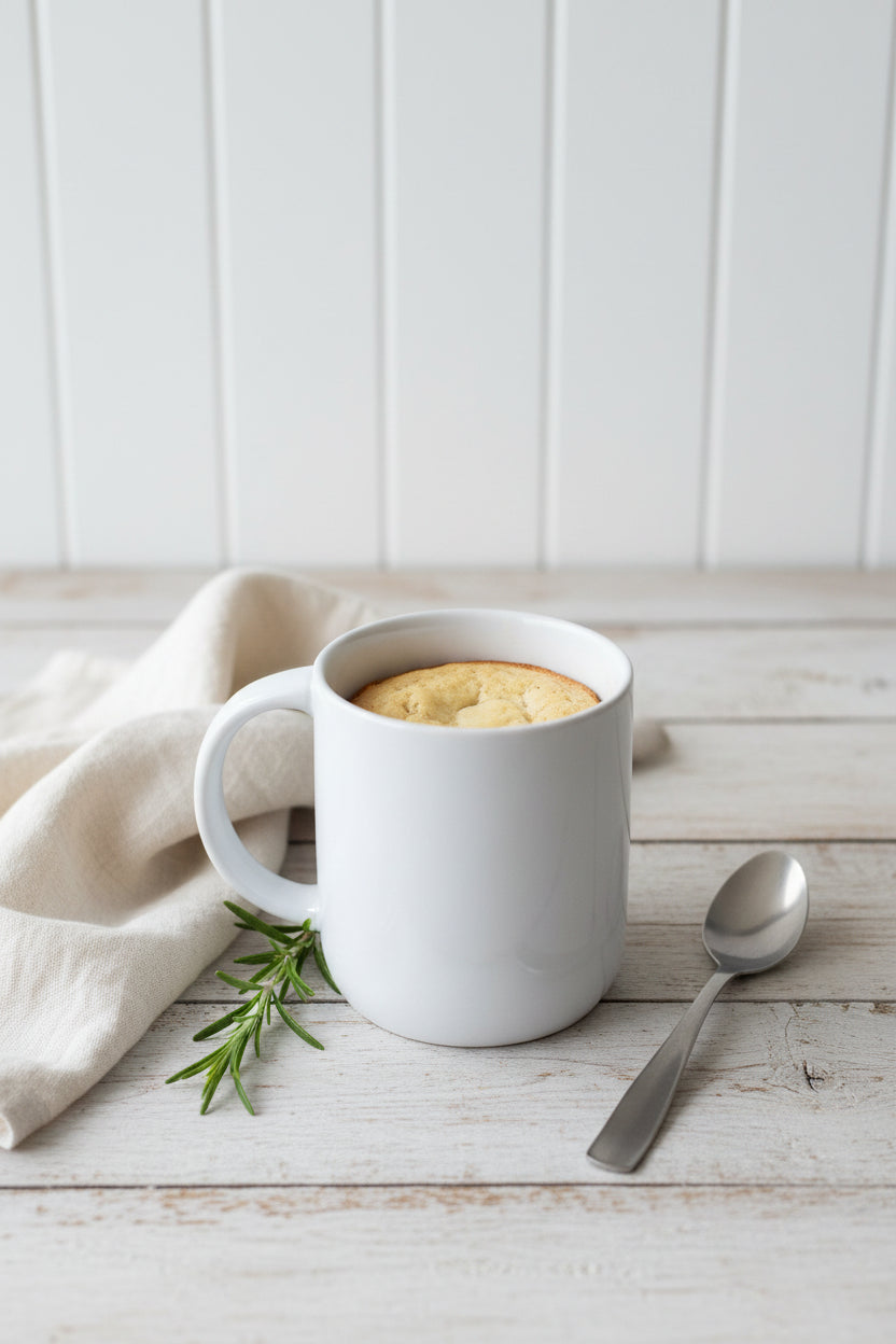 A white ceramic mug with a small amount of yellowish food or cream inside, placed on a dark tabletop next to a metal spoon.